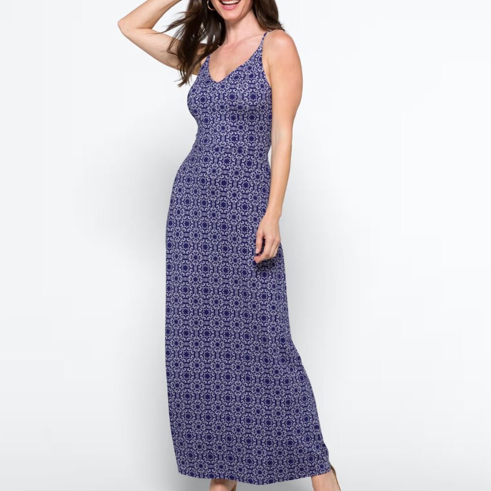 Market & Spruce Navy Patterned Crisscross-Back Maxi Dress